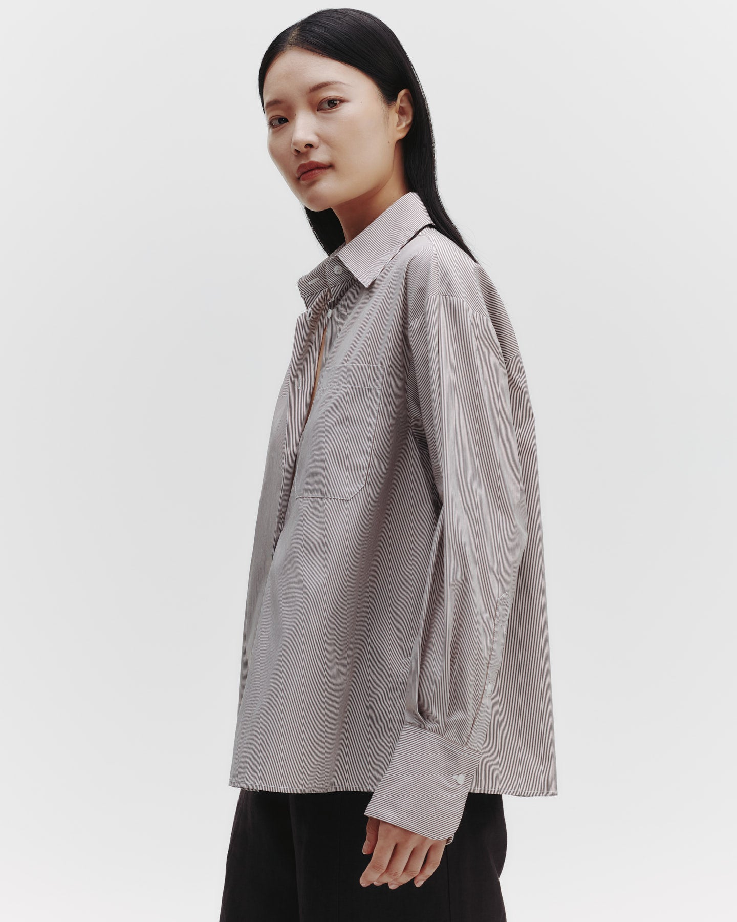 TWP White/chocolate E.B. Shirt in Superfine Cotton Mini Stripe view 1
