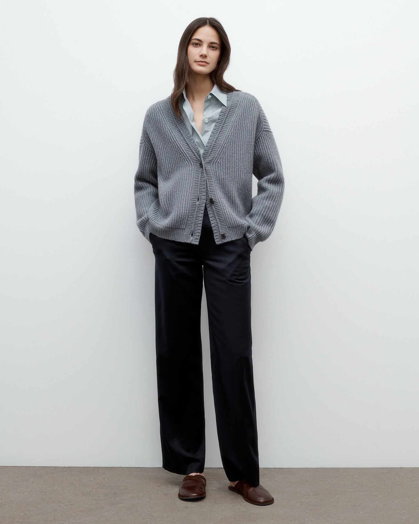 TWP Medium heather grey Cardi in Italian Cashmere view 3