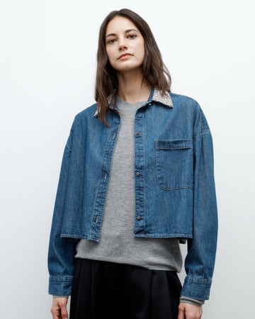 TWP Paris My Ex's Denim Shirt with Crystal Collar in Denim Shirting view 2