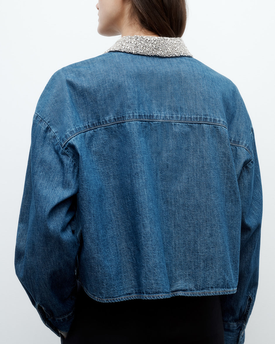 TWP Paris My Ex's Denim Shirt with Crystal Collar in Denim Shirting view 4