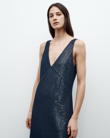 TWP Dark navy Deep V Dress in Chiffon Encased Pailettes view 2