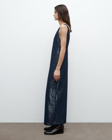 TWP Dark navy Deep V Dress in Chiffon Encased Pailettes view 3