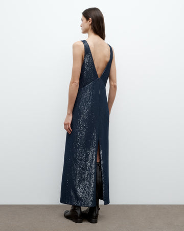 TWP Dark navy Deep V Dress in Chiffon Encased Pailettes view 4