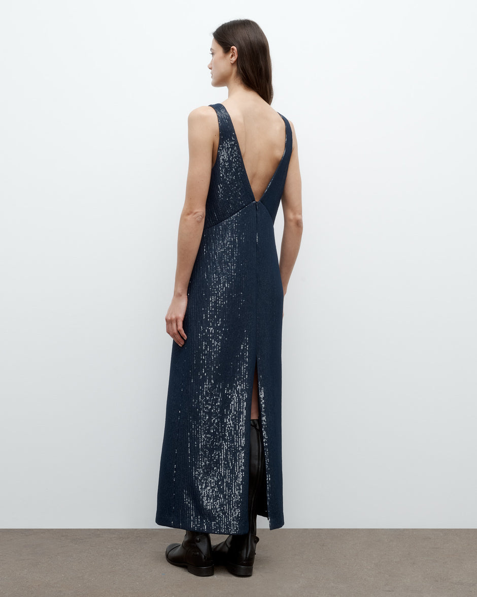 TWP Dark navy Deep V Dress in Chiffon Encased Pailettes view 4