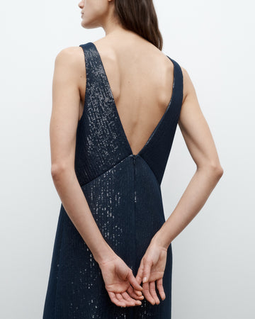 TWP Dark navy Deep V Dress in Chiffon Encased Pailettes view 5