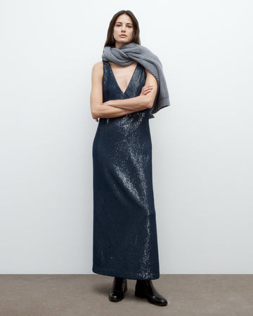 TWP Dark navy Deep V Dress in Chiffon Encased Pailettes view 1