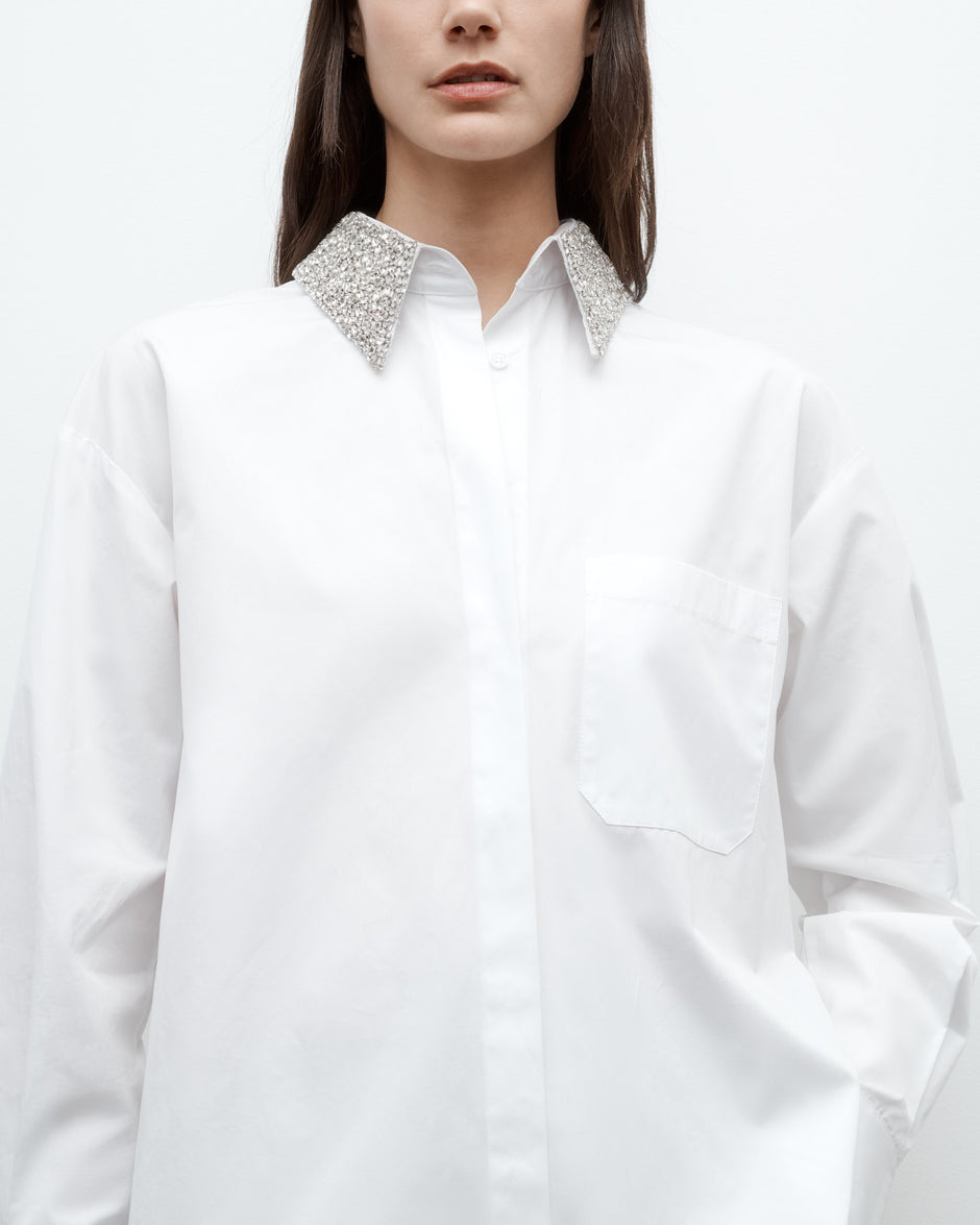 TWP White E.B. Shirt with Crystal Collar in Super Compact Poplin view 2