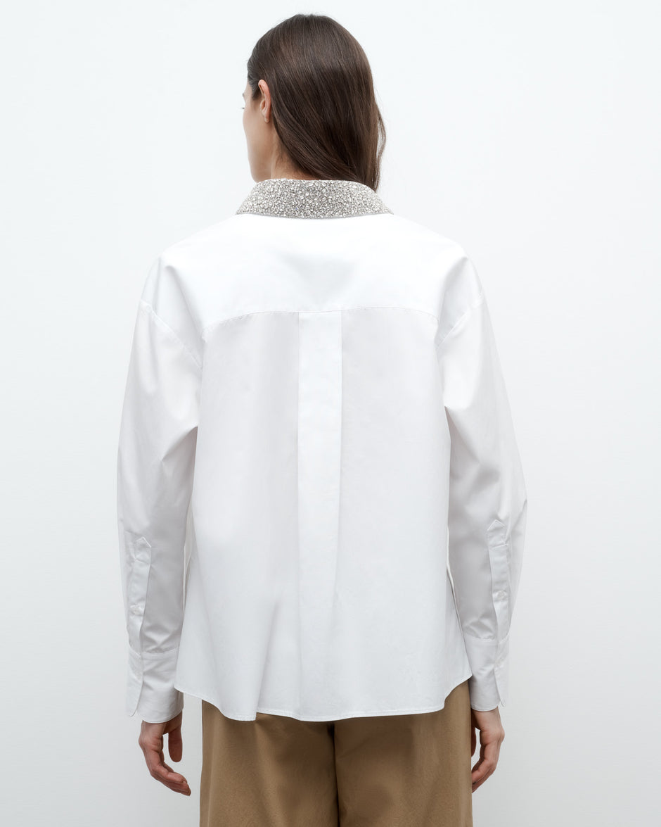 TWP White E.B. Shirt with Crystal Collar in Super Compact Poplin view 5