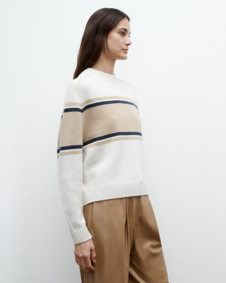 TWP Cream / twine multi Saddle Crewneck with Stripes in Italian Cashmere view 3