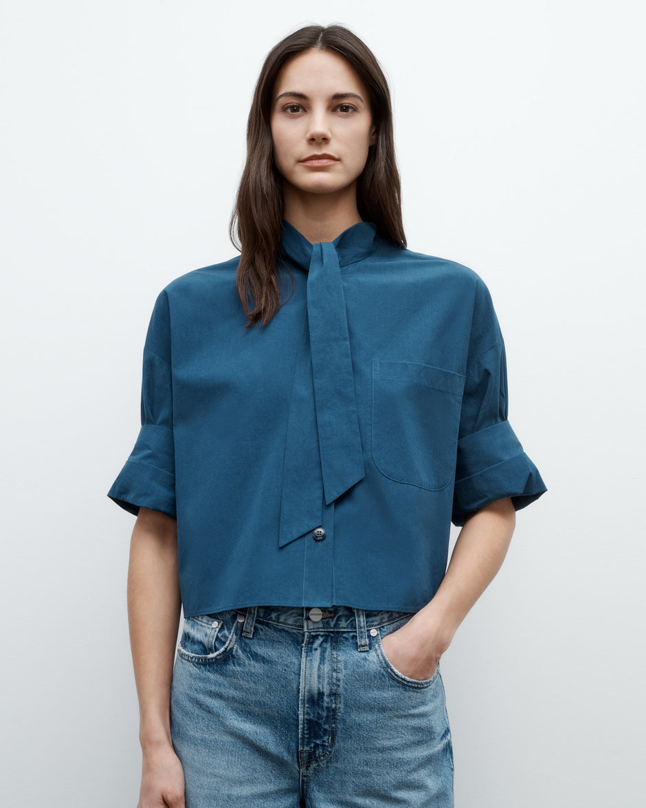 TWP Blue wing teal Next Ex Shirt with Tie in Superfine Cotton view 3