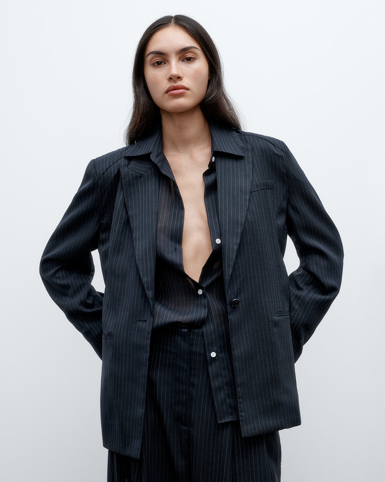 TWP Midnight / white Unlined Husband Blazer in Wool Voile view 2