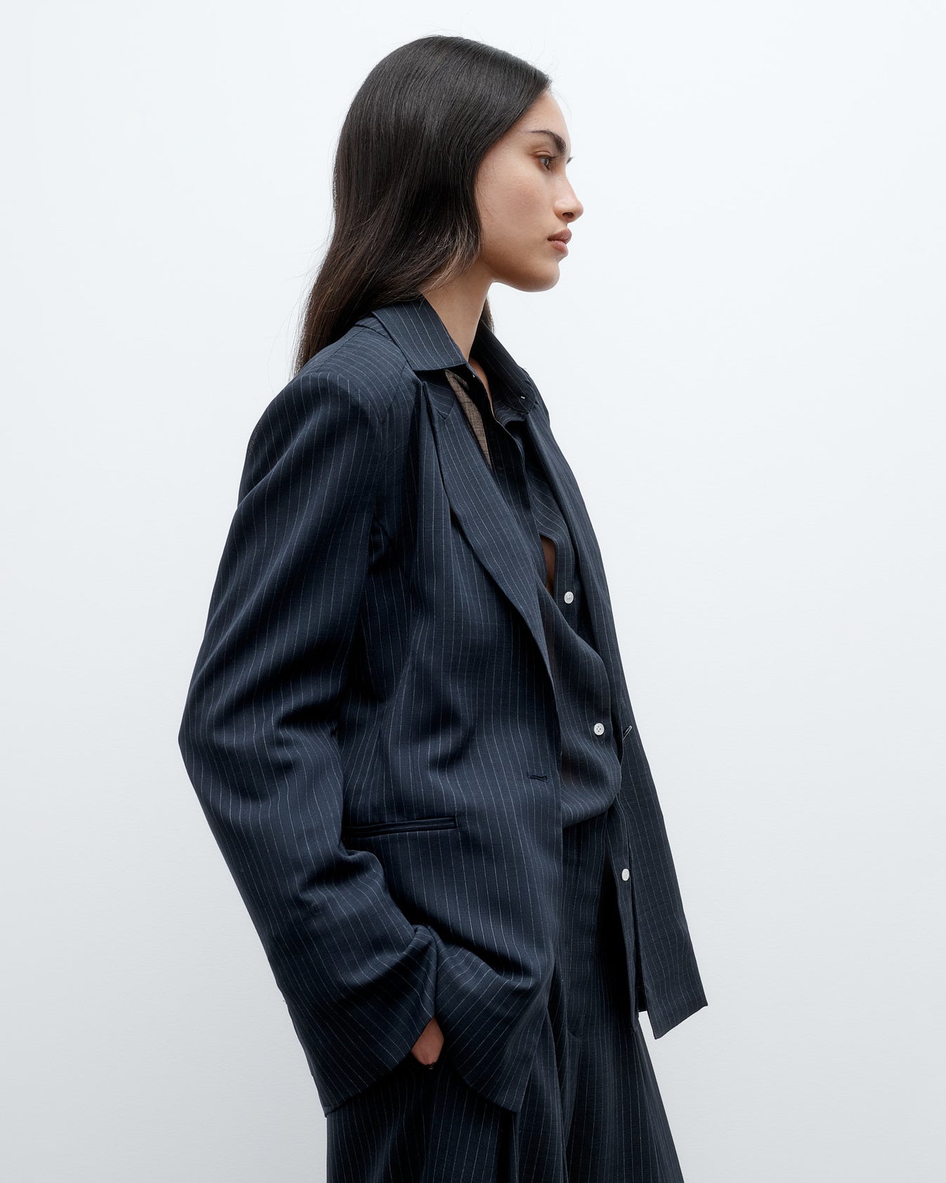 TWP Midnight / white Unlined Husband Blazer in Wool Voile view 3