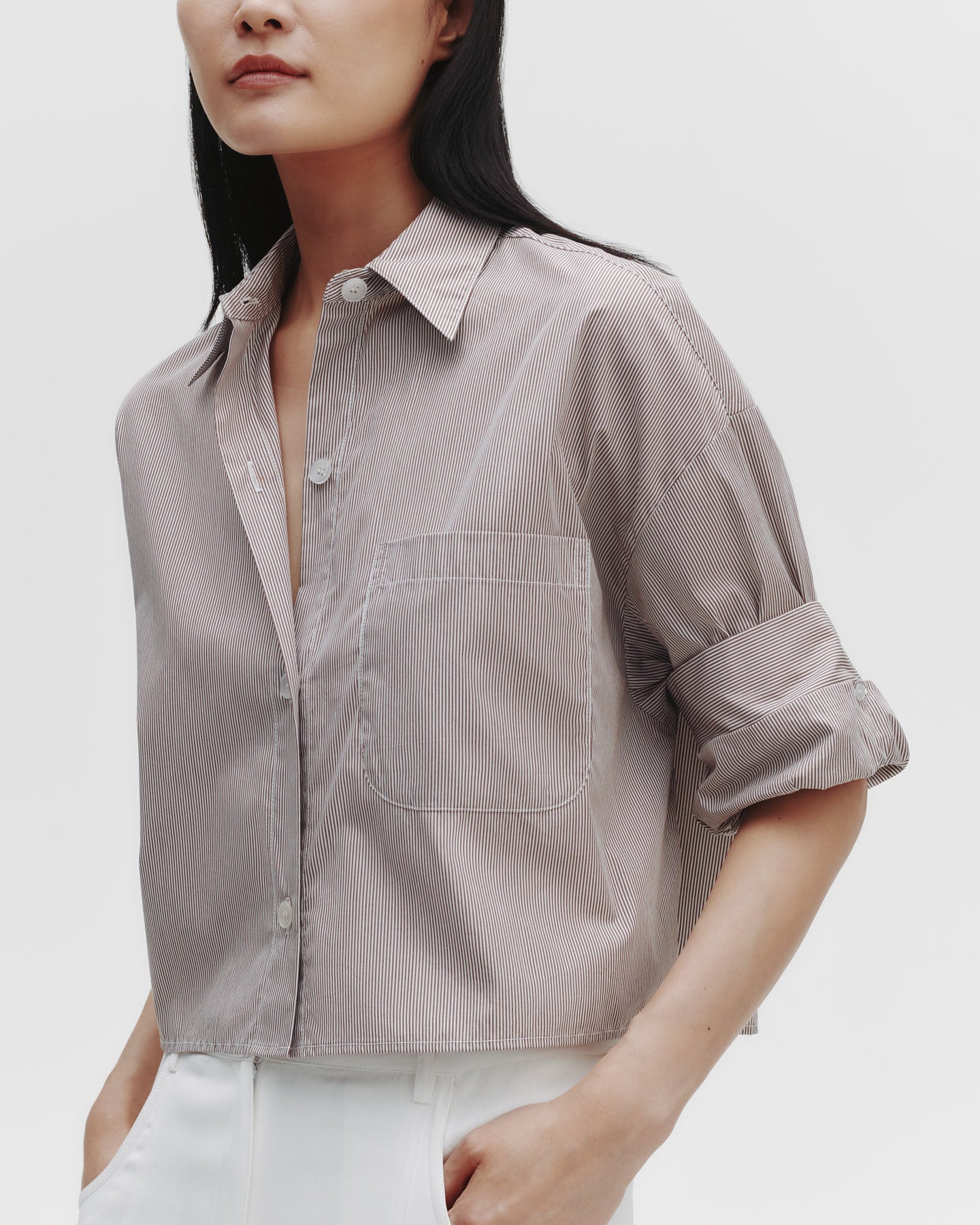TWP White/chocolate Next Ex Shirt in Superfine Cotton Mini Stripe view 1