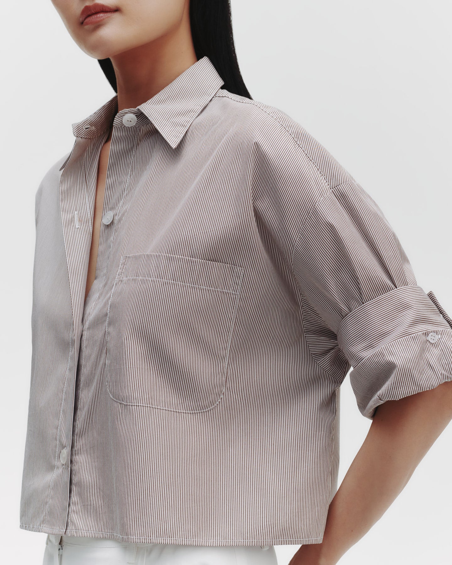 TWP White/chocolate Next Ex Shirt in Superfine Cotton Mini Stripe view 2