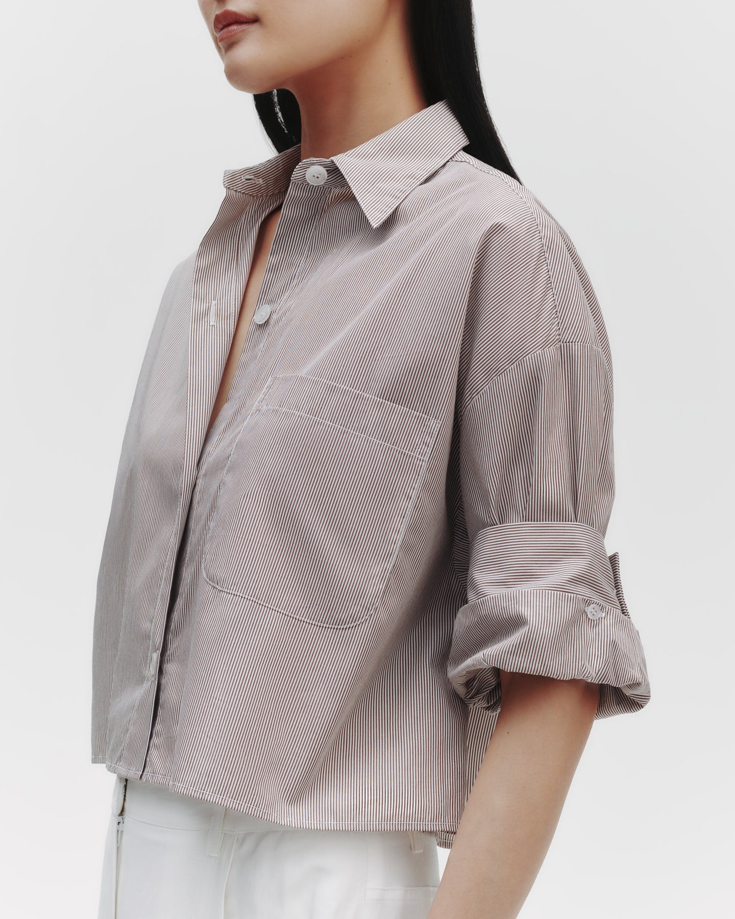TWP White/chocolate Next Ex Shirt in Superfine Cotton Mini Stripe view 3
