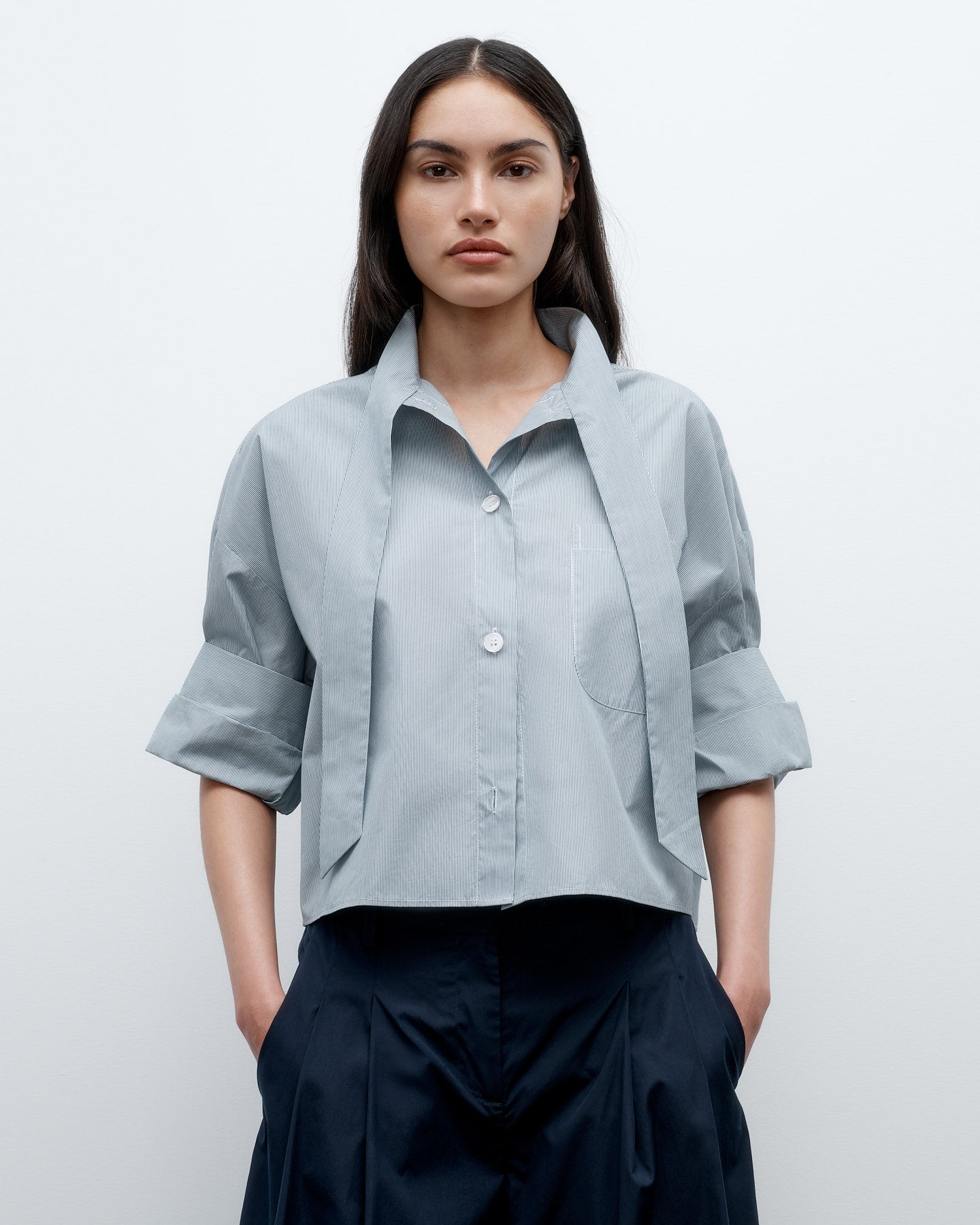 TWP Indigo / white Next Ex Shirt with Tie in Baroness Stripe Cotton view 3
