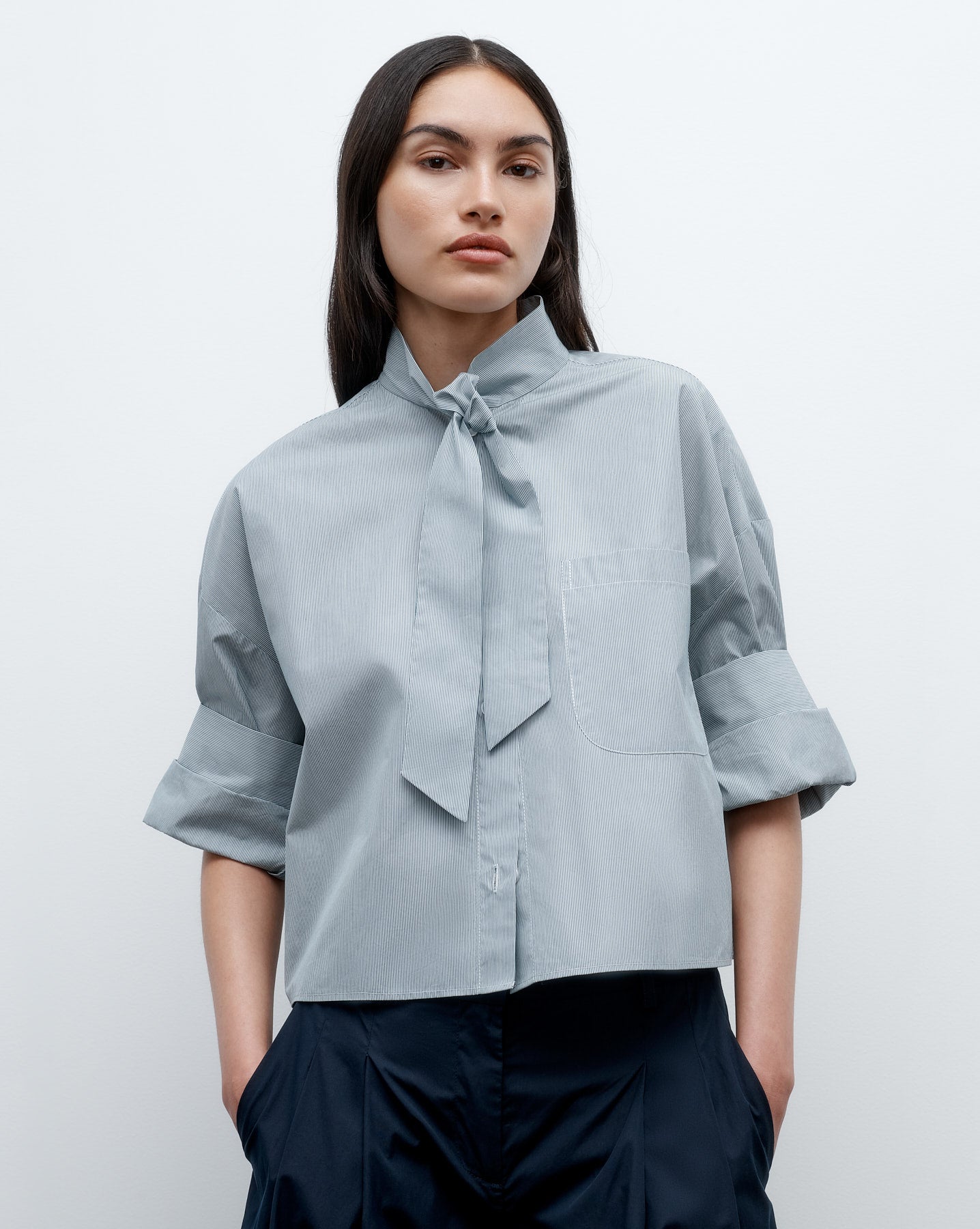 TWP Indigo / white Next Ex Shirt with Tie in Baroness Stripe Cotton view 1