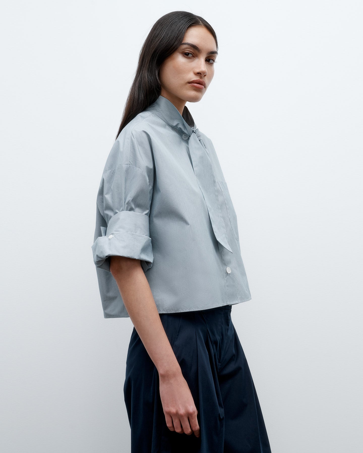 TWP Indigo / white Next Ex Shirt with Tie in Baroness Stripe Cotton view 4