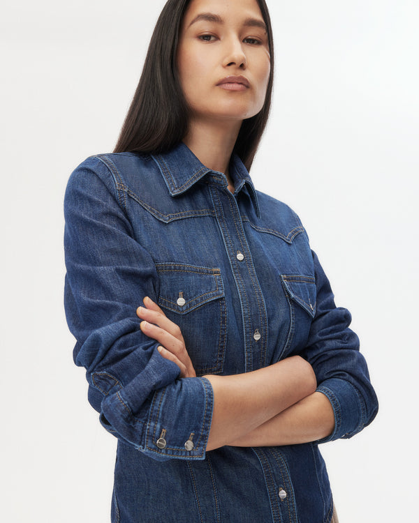 TWP Dark wash Mustang Sally Shirt in Denim Shirting view 1