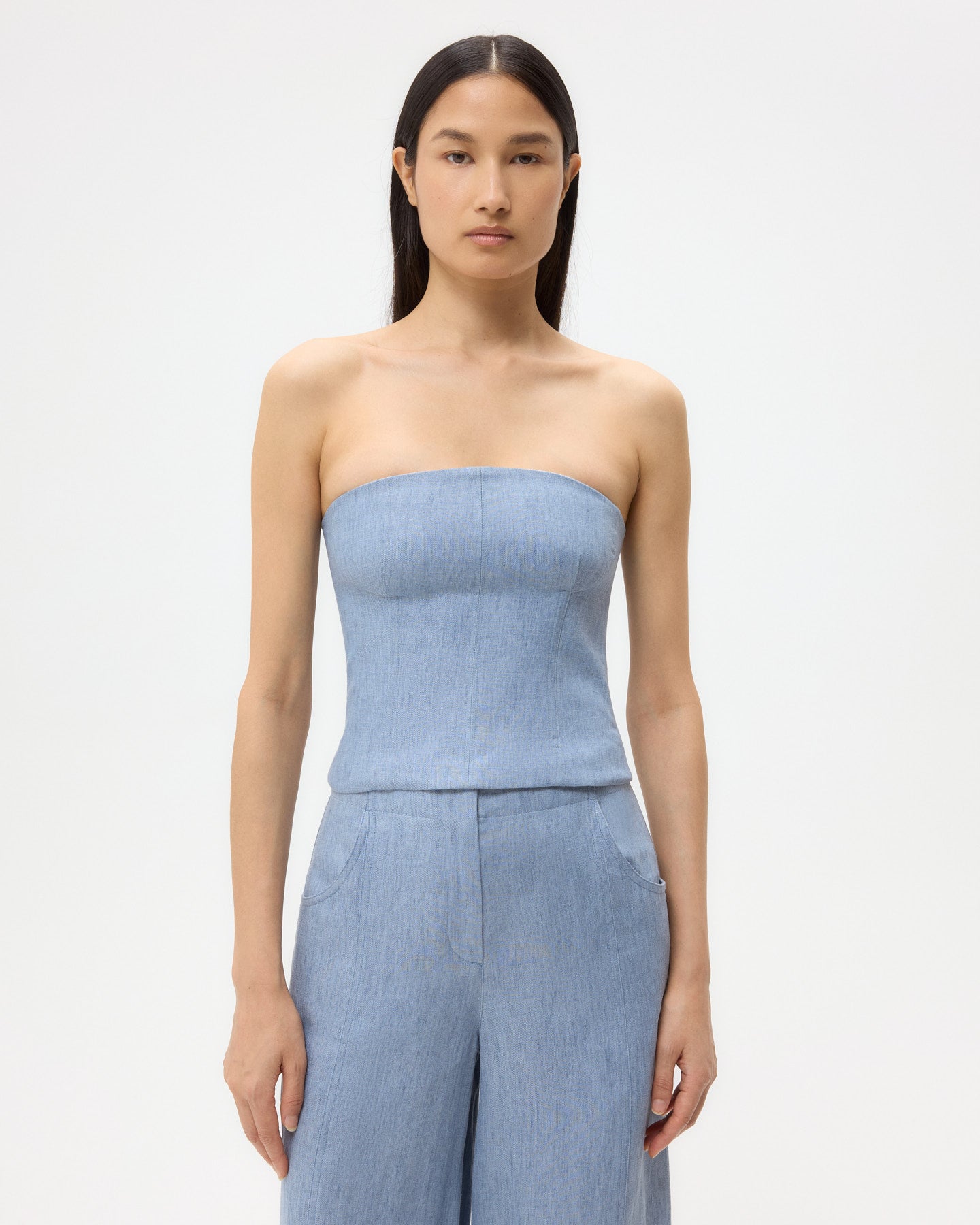 TWP Light indigo Jillian Bustier in Lightweight Washed Hemp Denim view 1