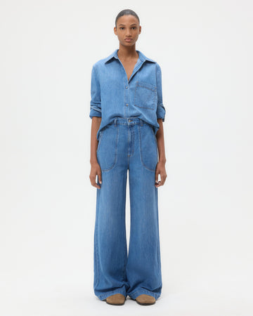 TWP Vintage wash Wilson Top in Denim Shirting view 3