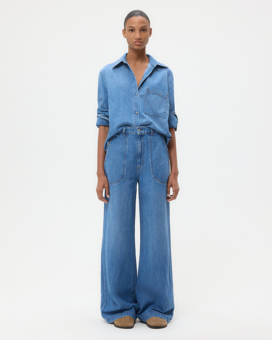 TWP Vintage wash Wilson Top in Denim Shirting view 3