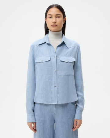 TWP Light indigo New Carter Shirt in Lightweight Washed Hemp Denim view 1