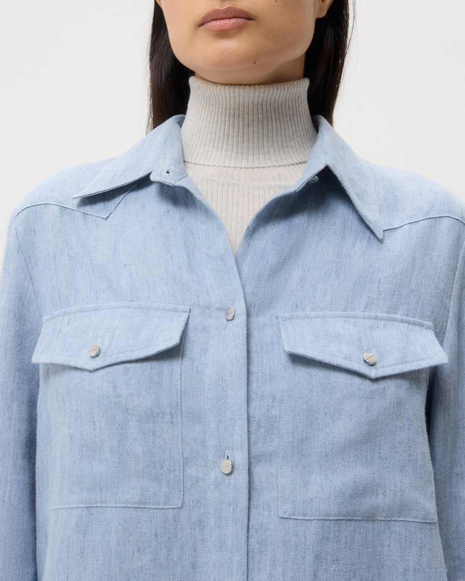 TWP Light indigo New Carter Shirt in Lightweight Washed Hemp Denim view 2