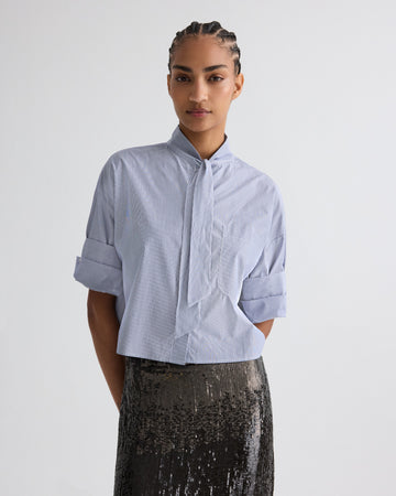 TWP Indigo / white Next Ex Shirt with Tie in Baroness Stripe Cotton view 1