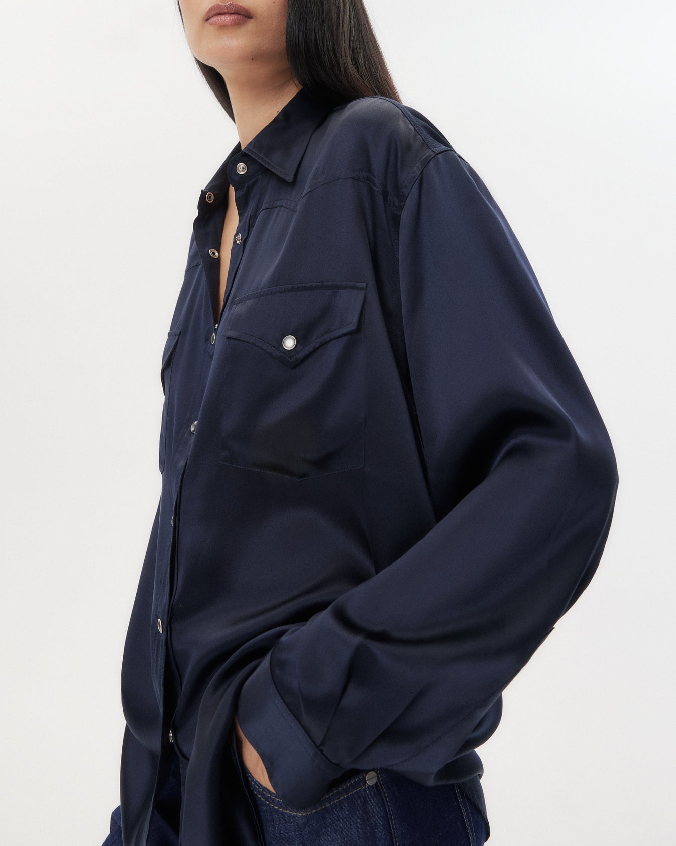 TWP Midnight Dutton Shirt in Silk Charmeuse view 3