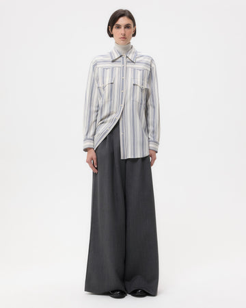 TWP White/ navy Dutton Shirt in Ultrafine Stretch Suiting view 6