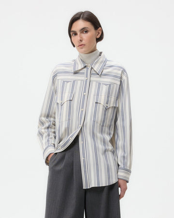 TWP White/ navy Dutton Shirt in Ultrafine Stretch Suiting view 1