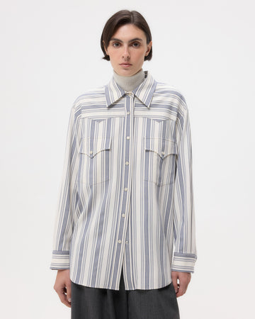 TWP White/ navy Dutton Shirt in Ultrafine Stretch Suiting view 4