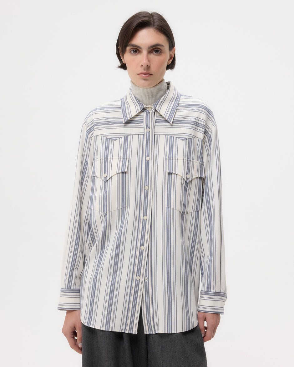 TWP White/ navy Dutton Shirt in Ultrafine Stretch Suiting view 4