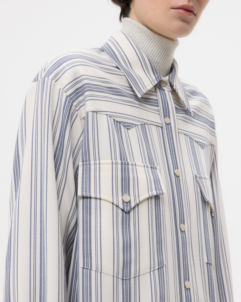 TWP White/ navy Dutton Shirt in Ultrafine Stretch Suiting view 3