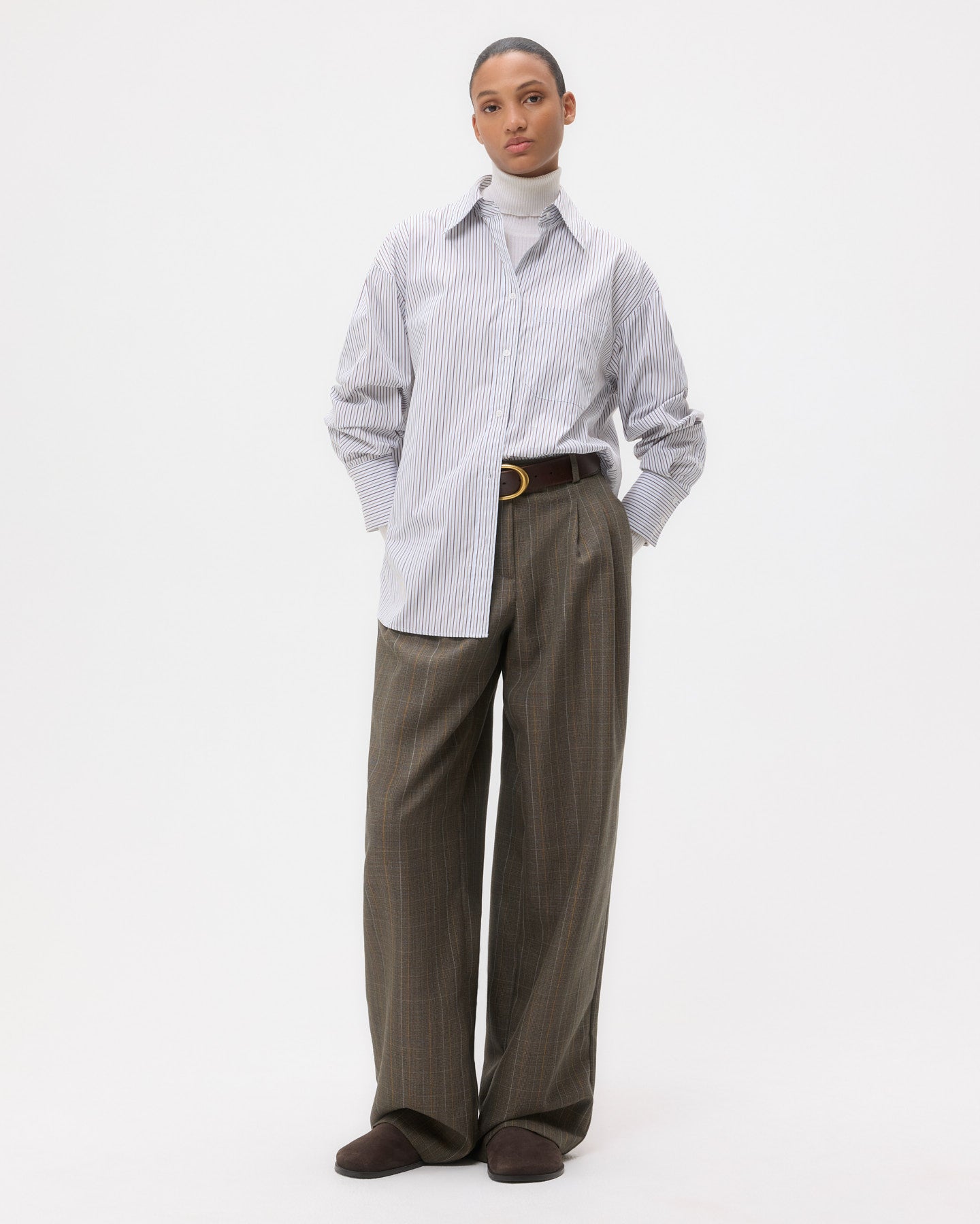 TWP Baby blue/ chocolate / khaki Big Joe Shirt in Cotton Stripes view 1