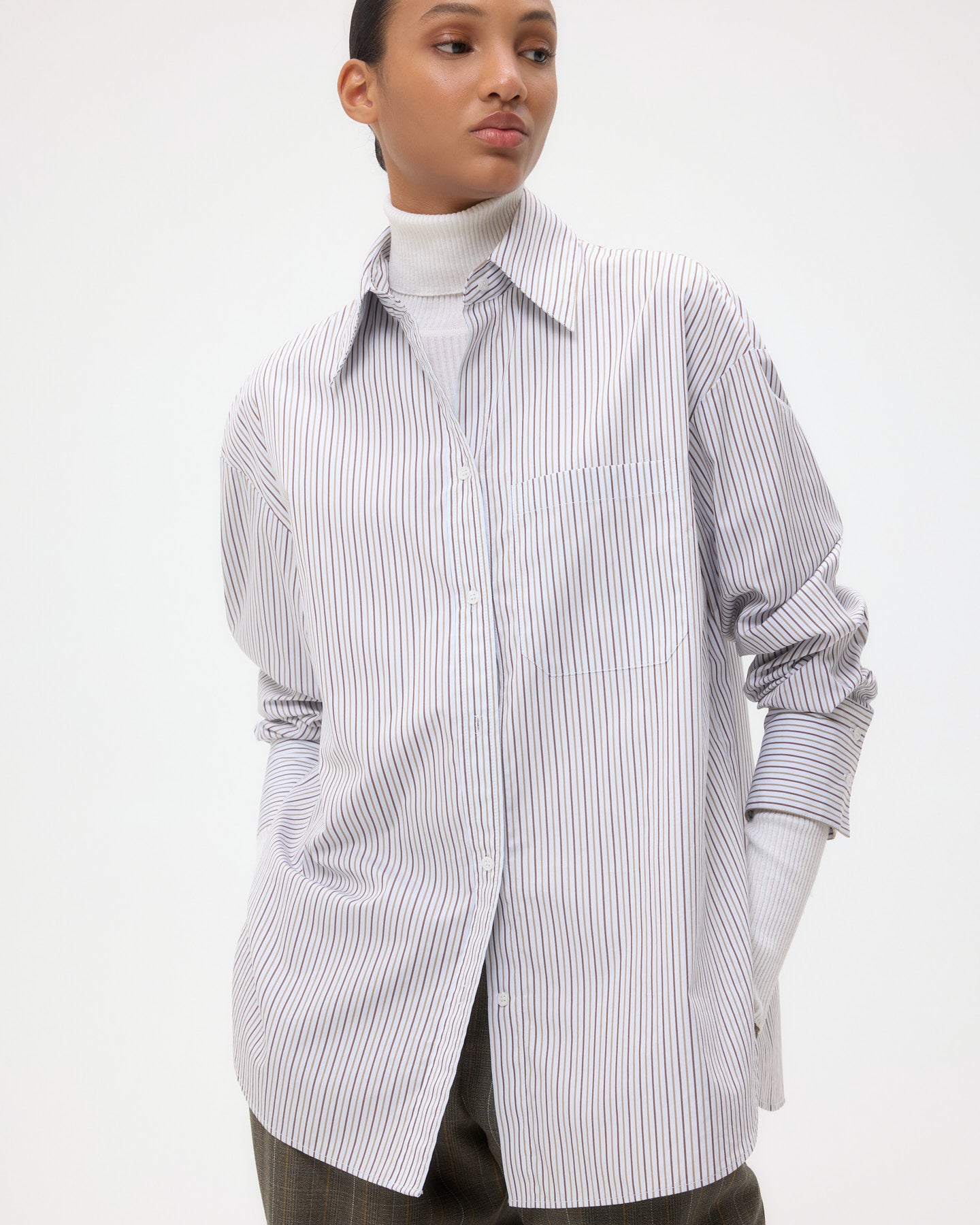 TWP Baby blue/ chocolate / khaki Big Joe Shirt in Cotton Stripes view 2