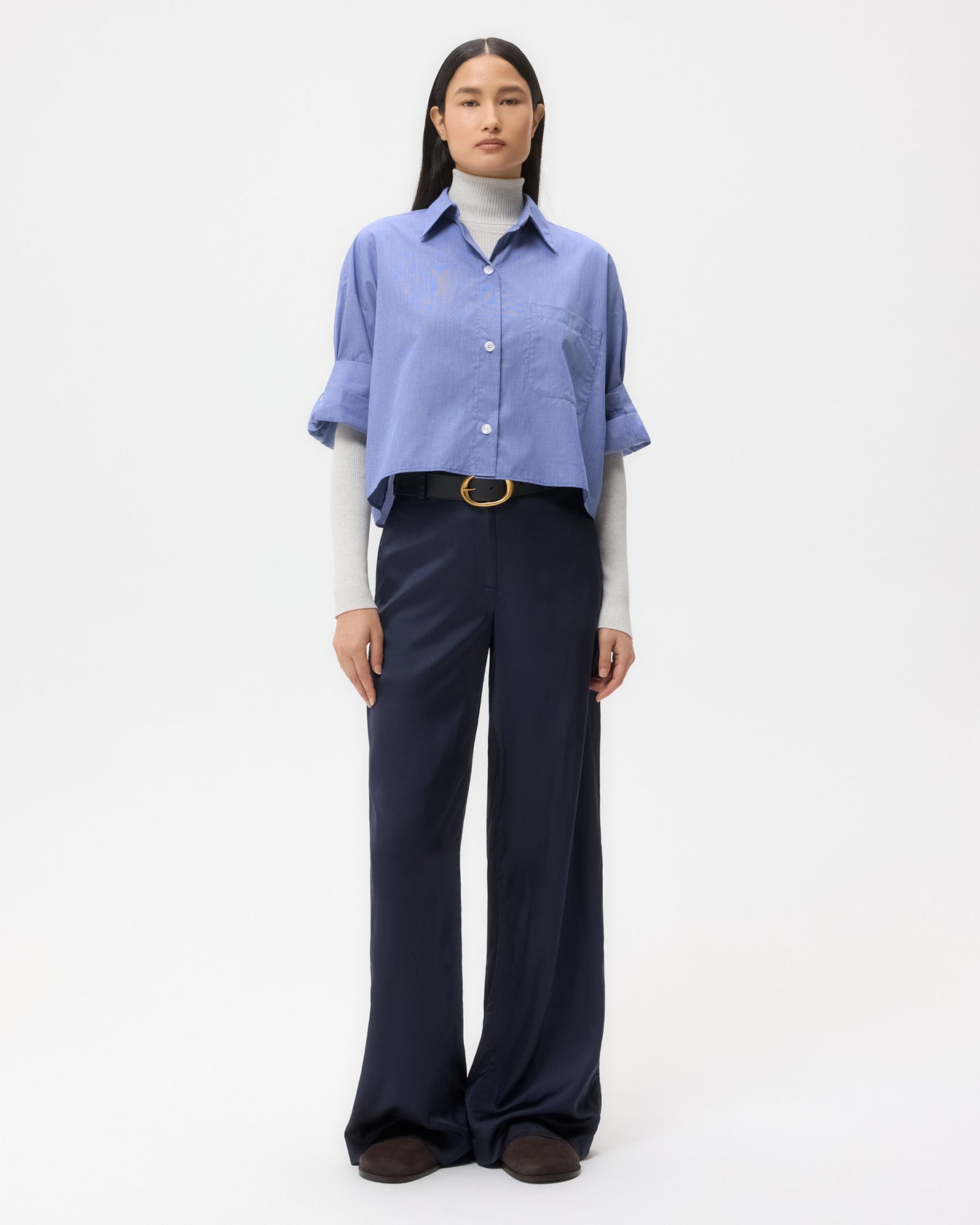 TWP White/ navy Next Ex Shirt in Cotton Poplin view 3