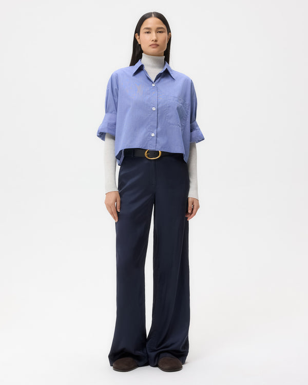 TWP White/ navy Next Ex Shirt in Cotton Poplin view 3