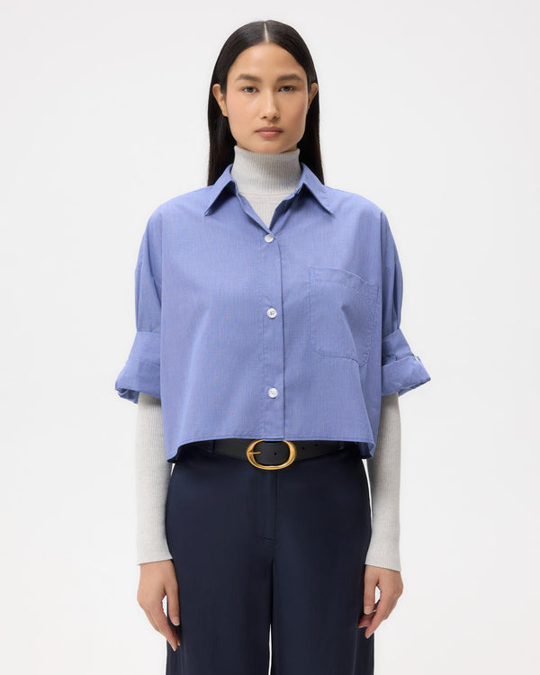 TWP White/ navy Next Ex Shirt in Cotton Poplin view 1