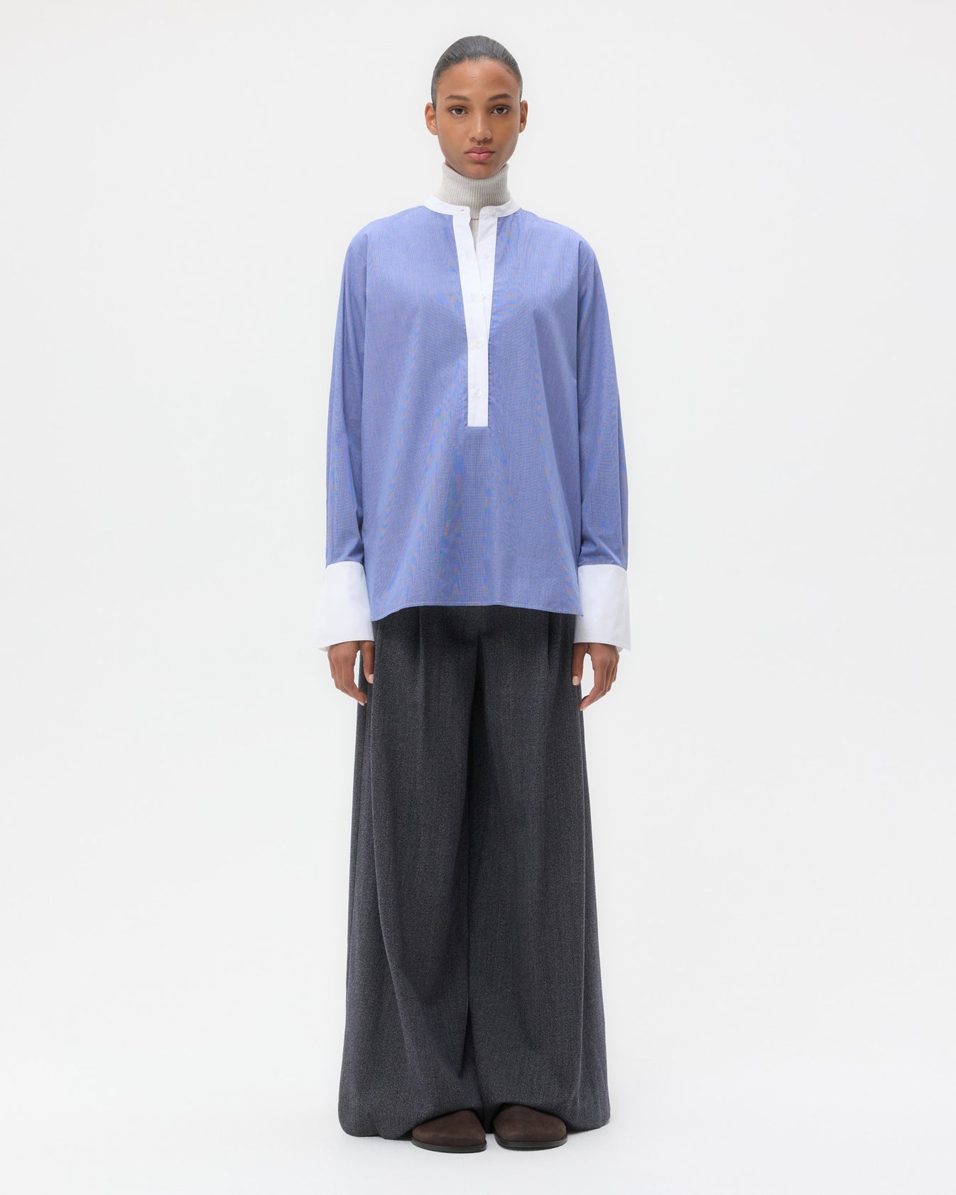 TWP White/ navy Simple Man Shirt in Cotton Poplin view 6