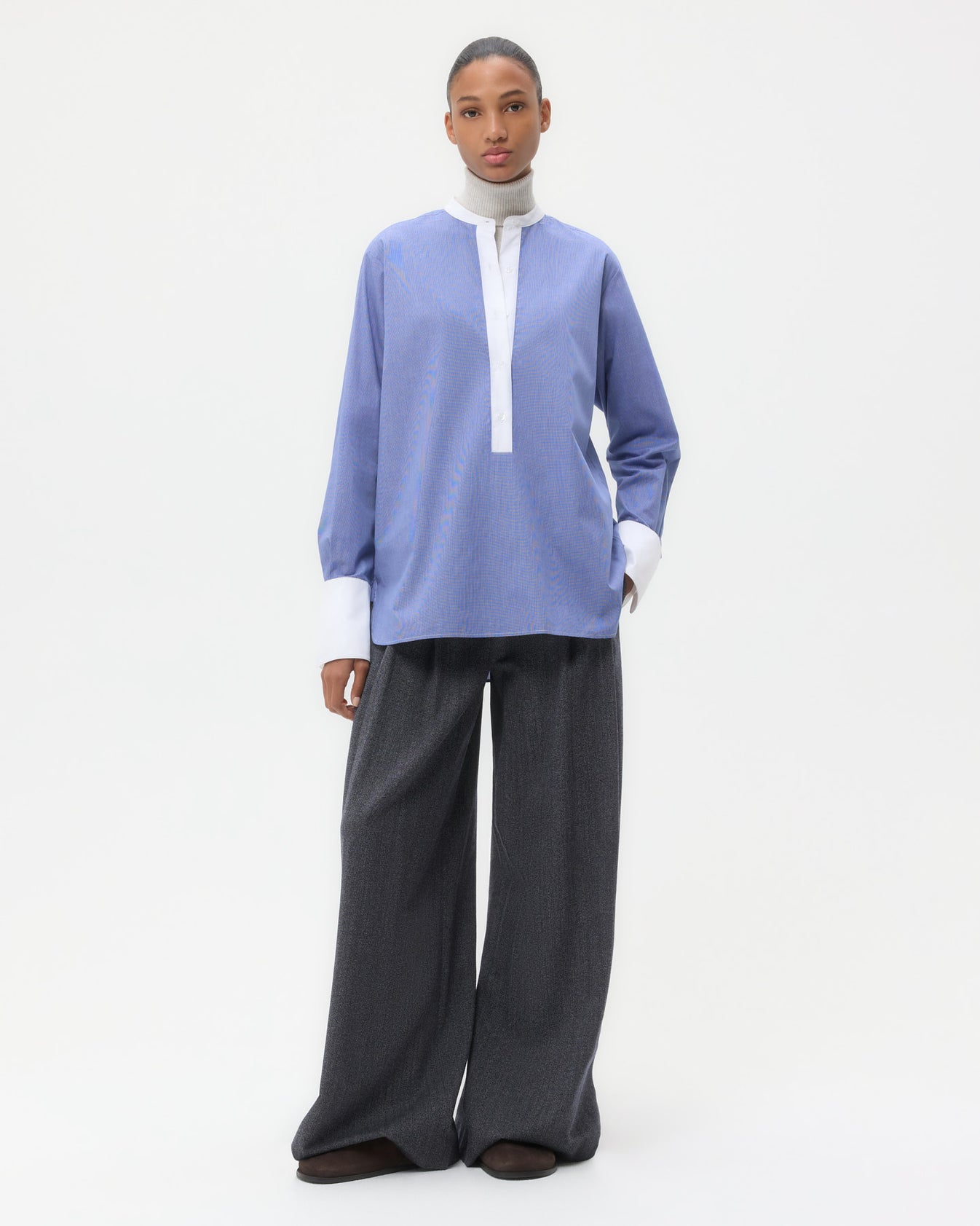 TWP White/ navy Simple Man Shirt in Cotton Poplin view 3