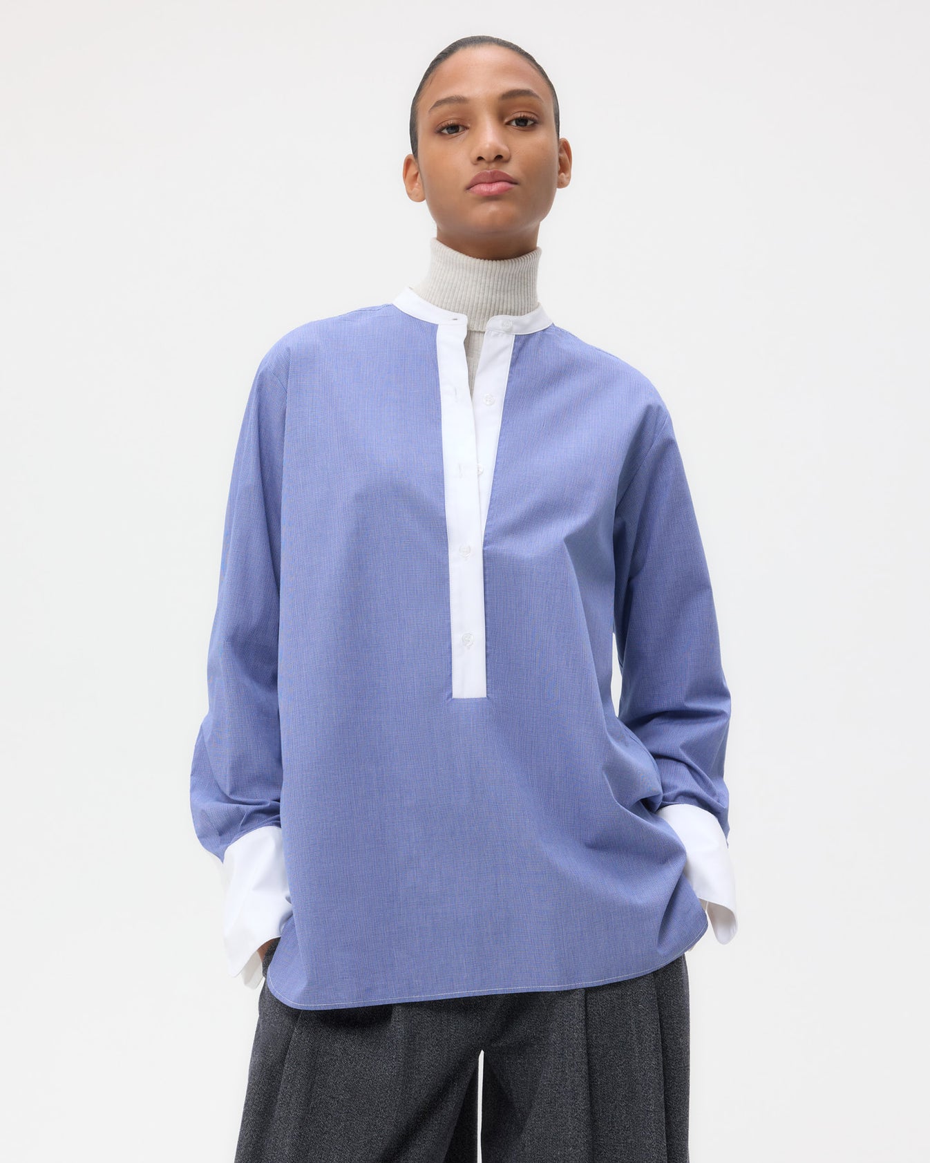 TWP White/ navy Simple Man Shirt in Cotton Poplin view 1