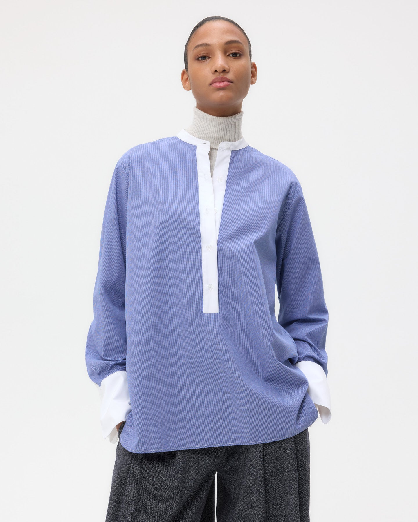 TWP White/ navy Simple Man Shirt in Cotton Poplin view 1