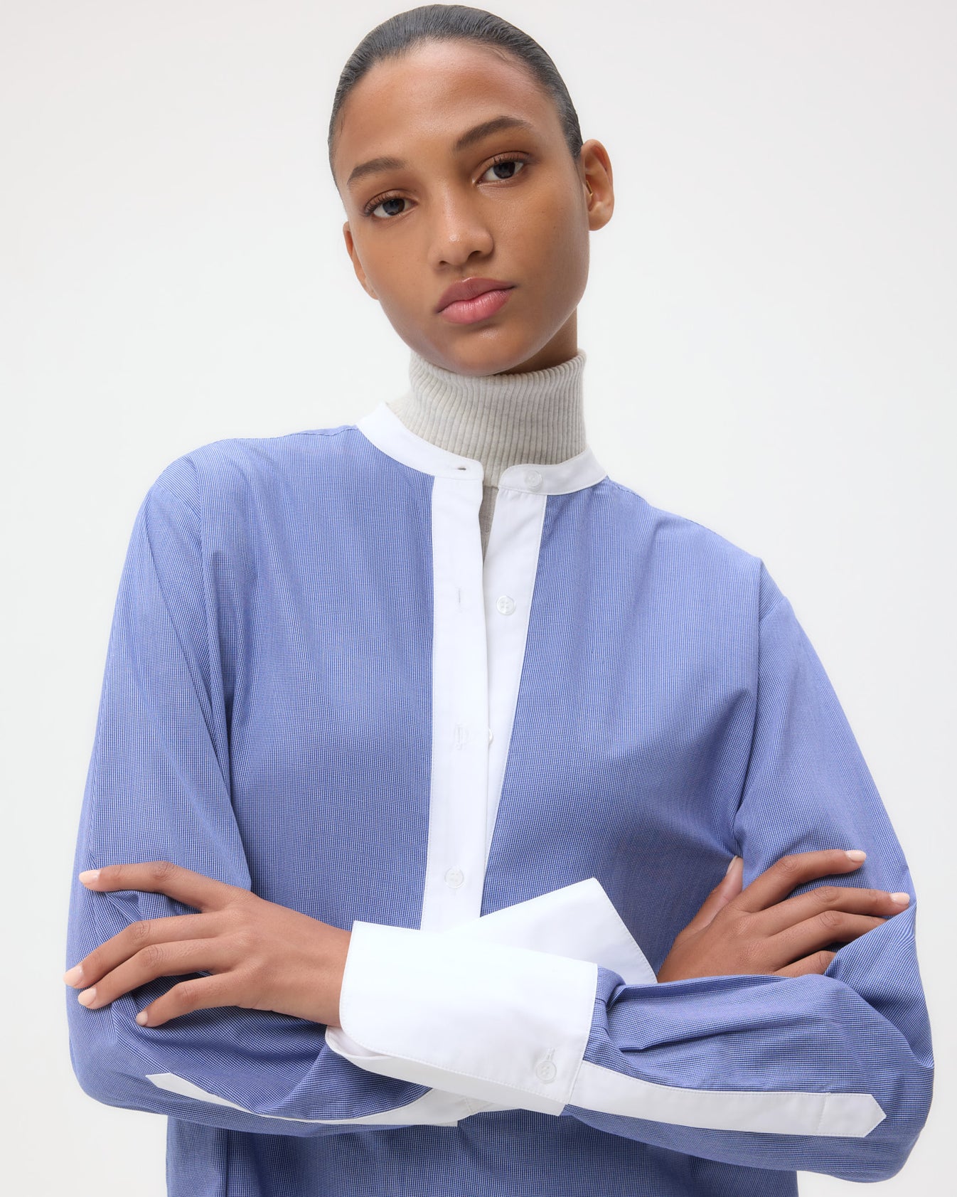 TWP White/ navy Simple Man Shirt in Cotton Poplin view 2