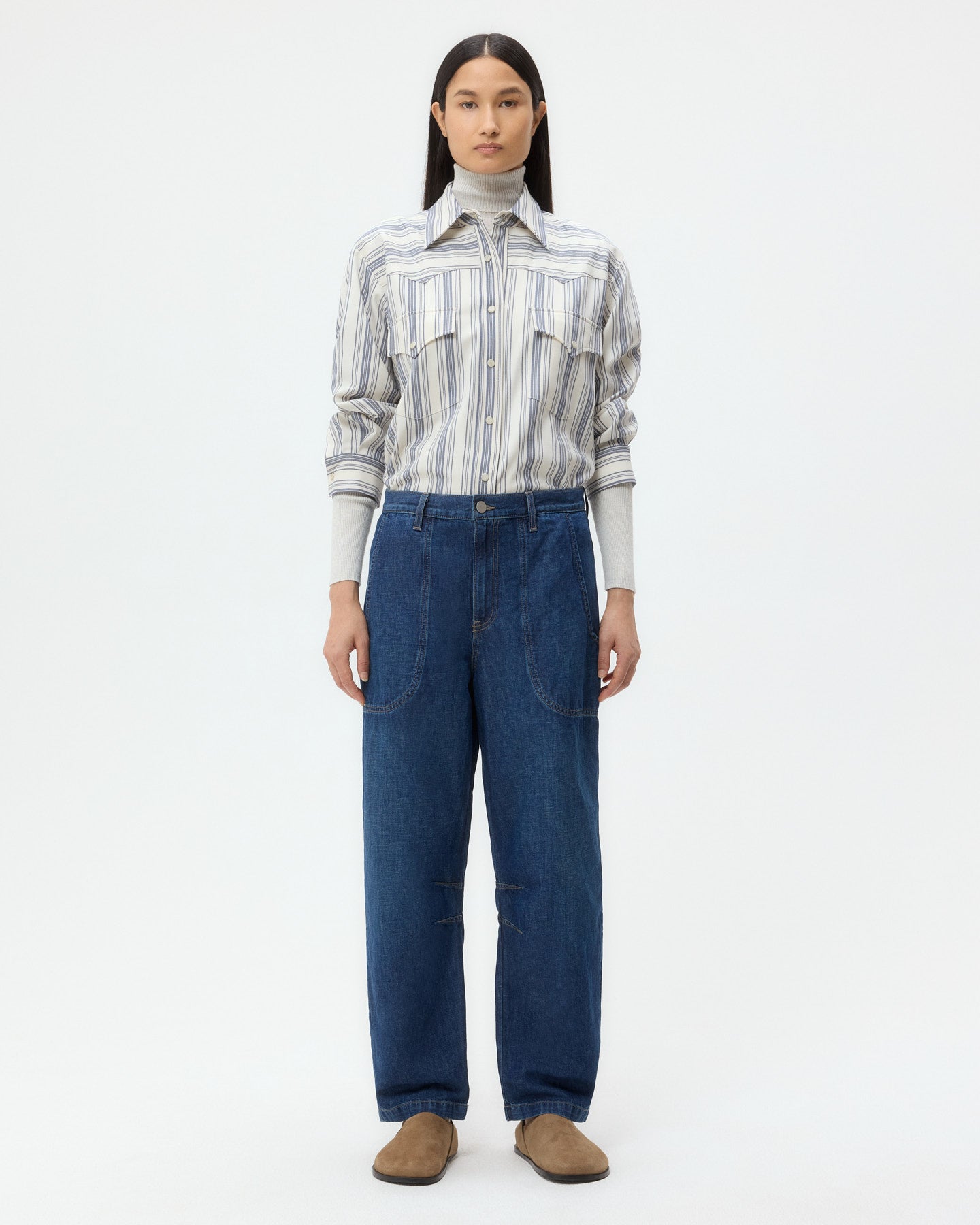 TWP Dark wash Jetties Beach Pant in Linen Cotton Denim view 5