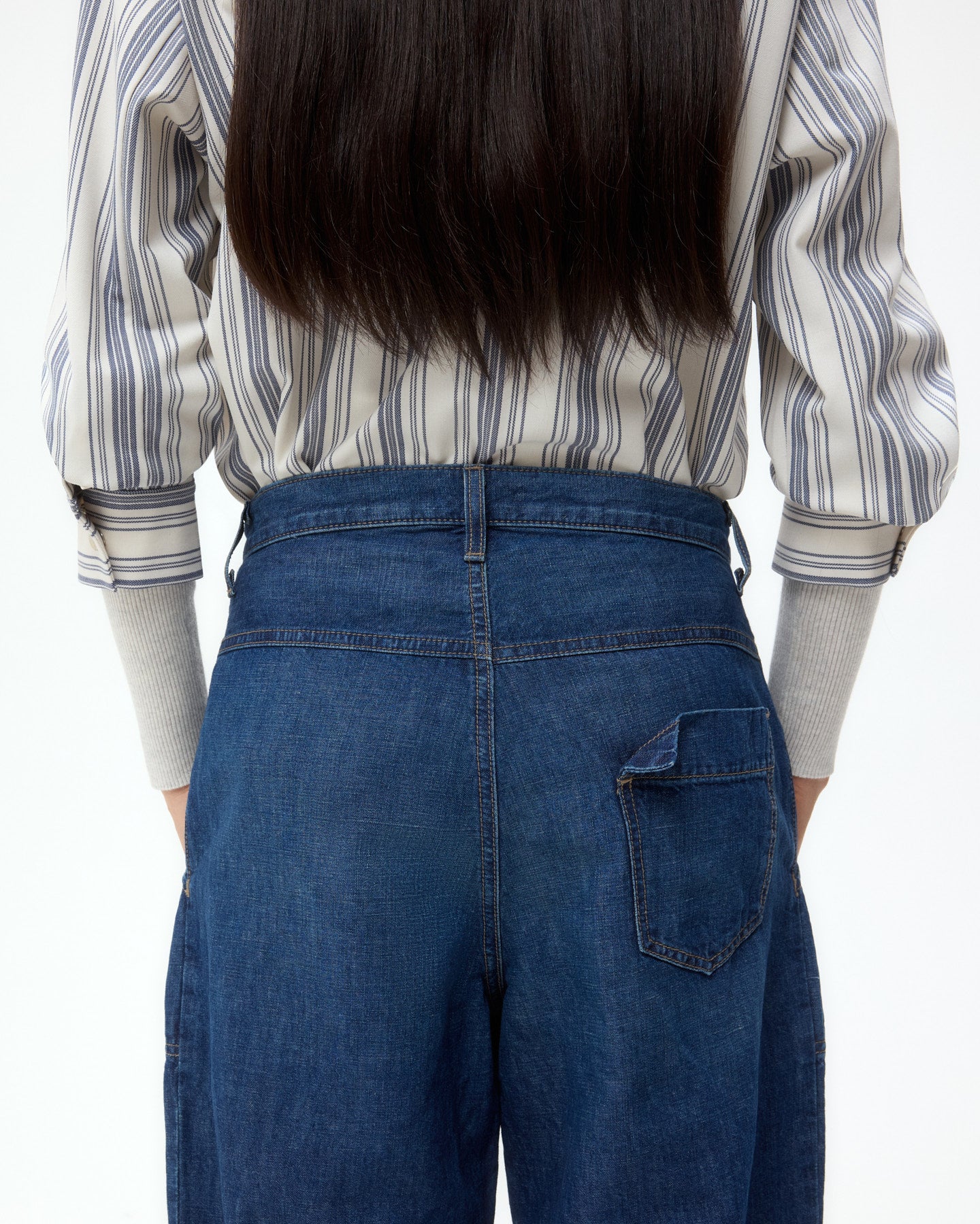 TWP Dark wash Jetties Beach Pant in Linen Cotton Denim view 4
