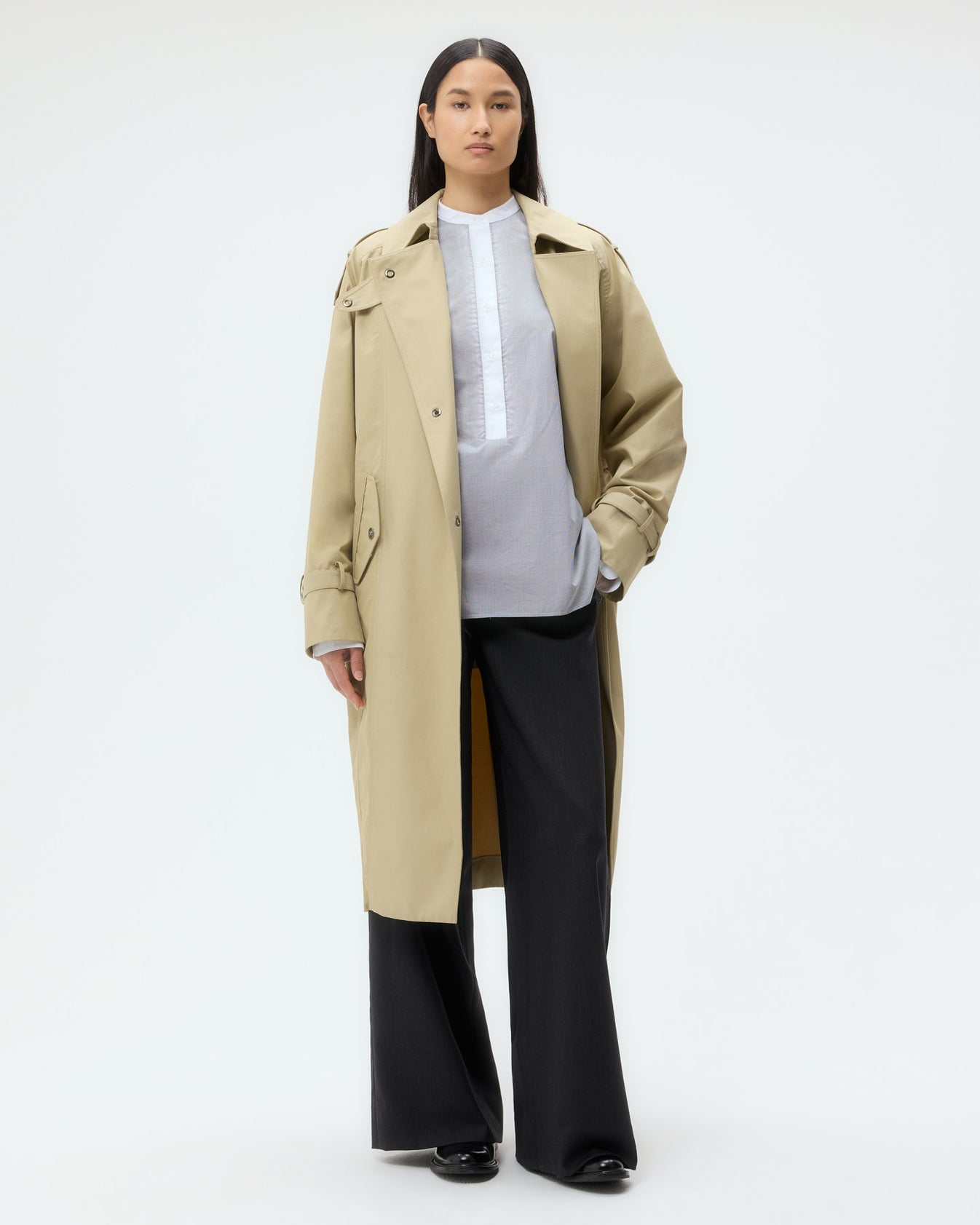 TWP Olive Long Bogie Coat in Waterproof Canvas view 2