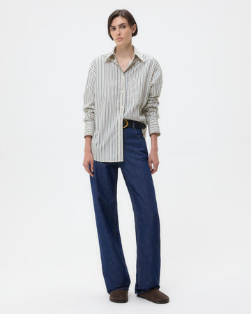 TWP Ivory/cilantro Big Joe Shirt in Dancing Striped Cotton Shirting view 3