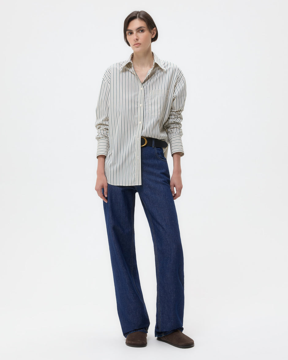 TWP Ivory/cilantro Big Joe Shirt in Dancing Striped Cotton Shirting view 3